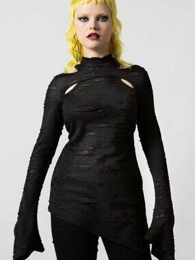 Killstar Bizzara Distressed Black Long-Sleeve Top - Solid Black XL NWT